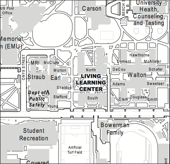 map of the University of Oregon campus showing the Living Learning Center